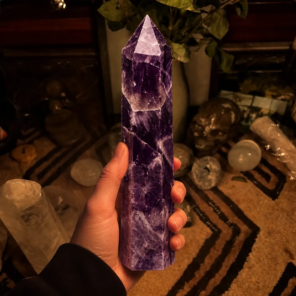 8CM Natural Purple Amethyst Crystal Tower Hand Polished Single Point Quartz Obelisk Wand Chakra Healing Witchcraft Altar Desktop Ornament Gift