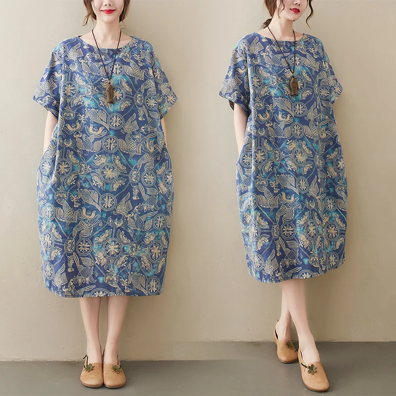 

Свободное летнее платье из хлопка и льна с цветочным принтом, коротким рукавом, А-силуэтом, круглым вырезом, для женщин больших размеров, в повседневном стиле