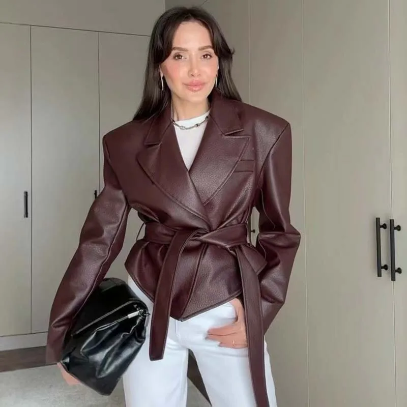 Autumn Winter Women'S Clothing Motorcycle Cool Strap Temperament Leather Jacket 2026 New Women With Belt Biker Jacket Women Coat