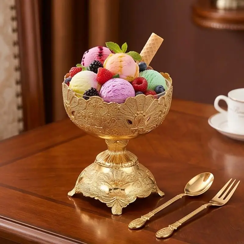 

Premium Glass And Metal Ice Cream Serving Bowl With Matching Utensils Set For Home Dining Snacks Yogurts Appetizer Cup Y5GB