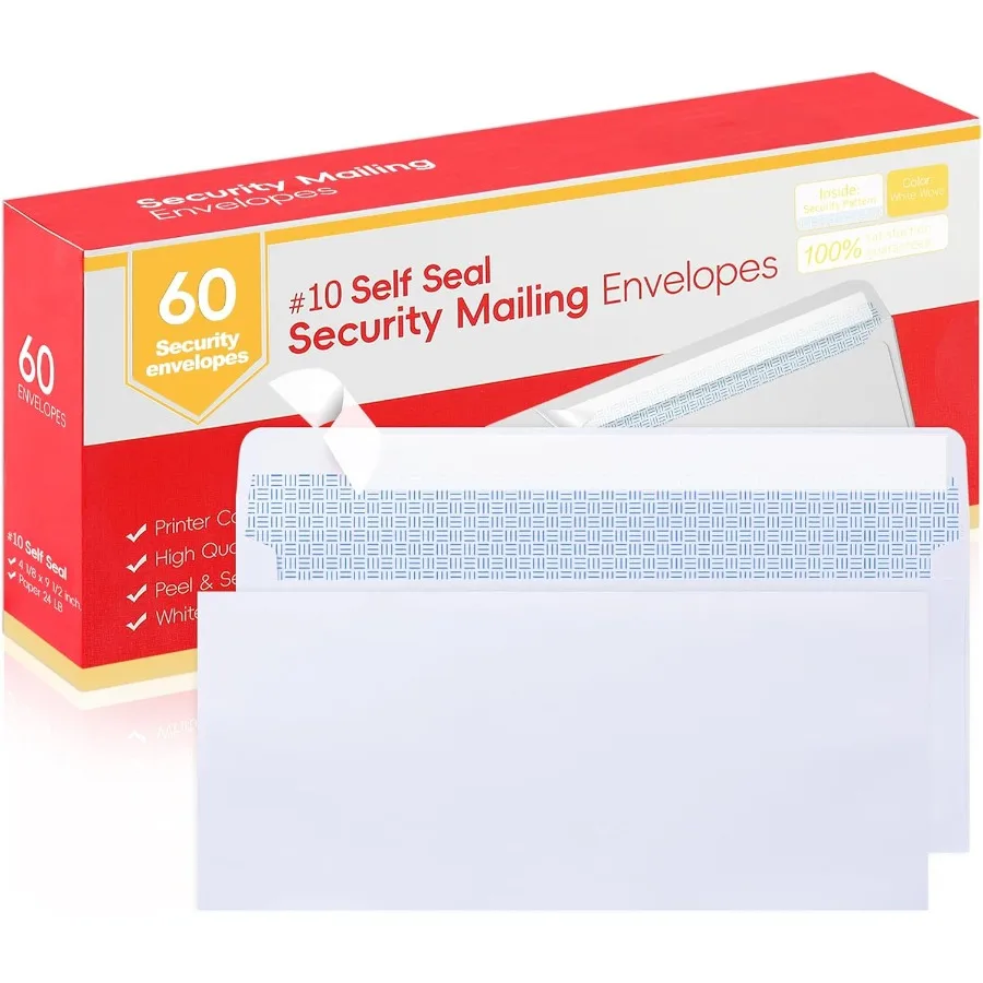 

# Почтовые конверты размером 10 букв для бизнеса, 60 шт., самозапечатывающиеся защитные конверты без окна, 41, 8 x 91, 2 дюйма, белая бумага 24