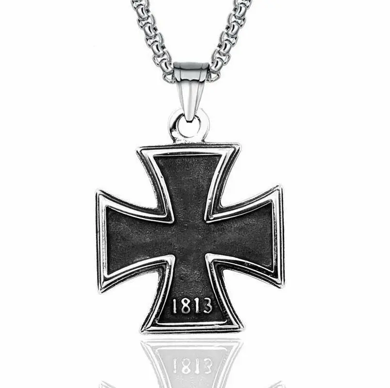 Mens Stainless Steel 1813 1939 WW2 German Iron Cross Pendant Necklace Men