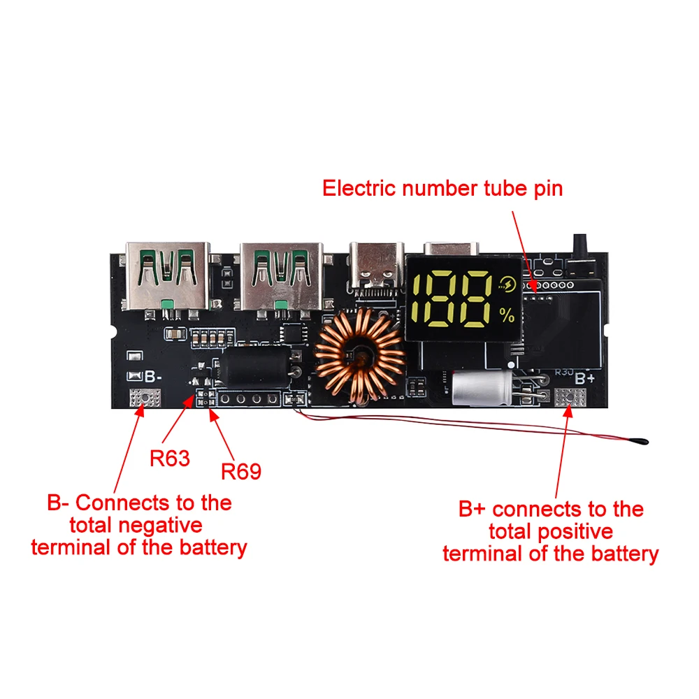 QC4.0 QC3.0 LED Dual USB 3S 4S 5S 65W 100W Micro/Type-C USB Mobile Power Bank 18650 Charging Module Circuit Protection