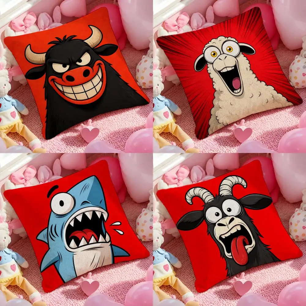 Cartoon Animals Are Screaming Cushion Cover Pink Theme Linen‑Texture Double‑Sided Pillow Cover for Sofa Home Decor