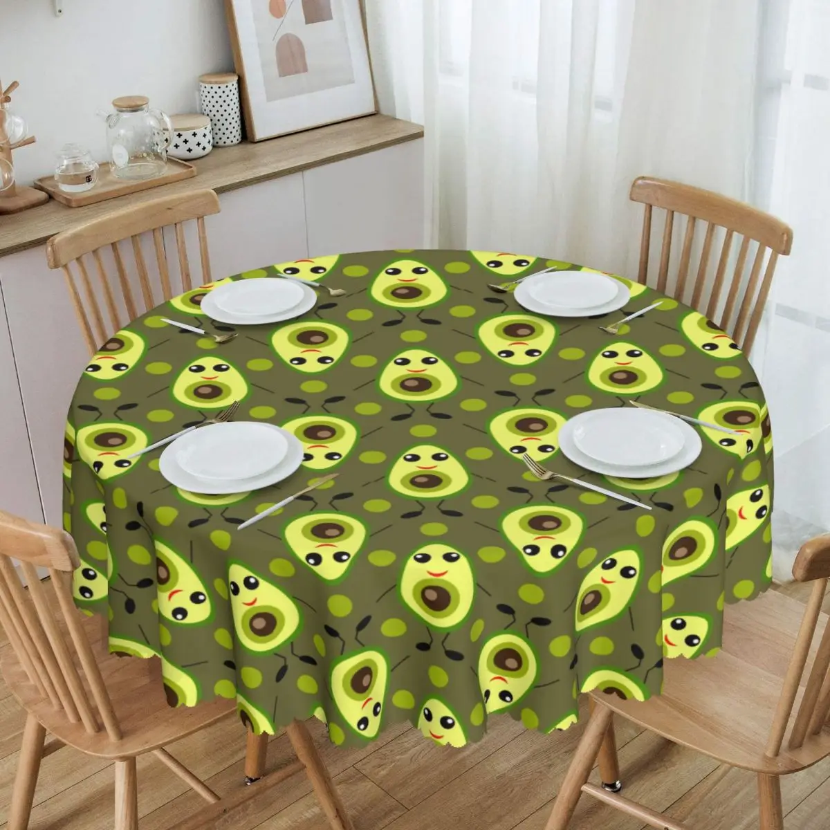 Customized Round Cute Avocado Cartoon Pattern Tablecloth 60 inch Kitchen Dinning Table Cloth Spillproof Table Covers