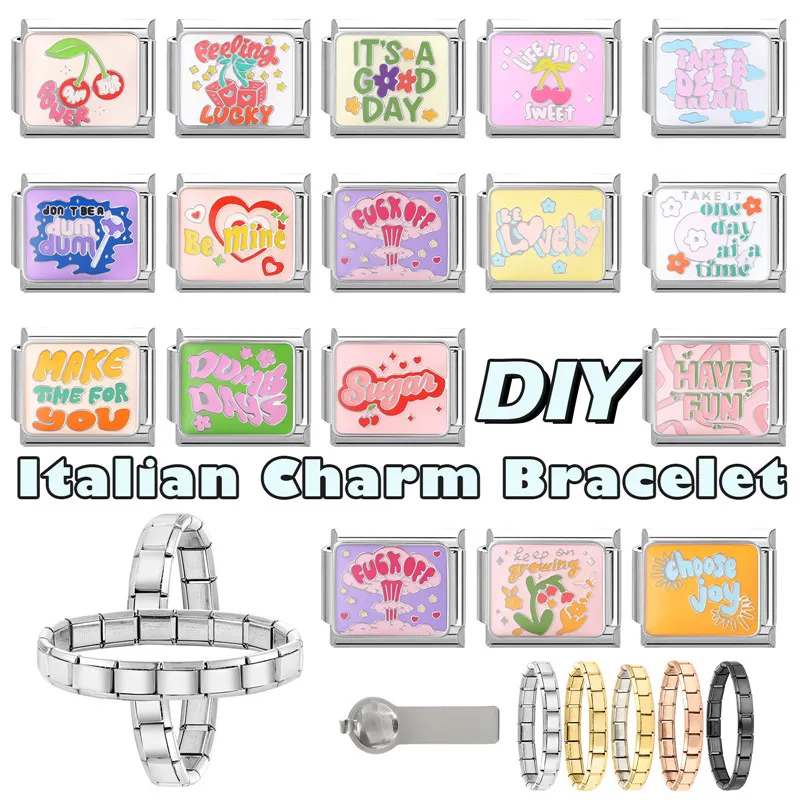 الكلمات الملونة الفن تصميم السلطة محظوظ متعة يكون بلدي سحر الإيطالية رابط صالح 9 مللي متر الفولاذ المقاوم للصدأ سوار الرجال النساء DIY بها بنفسك صنع