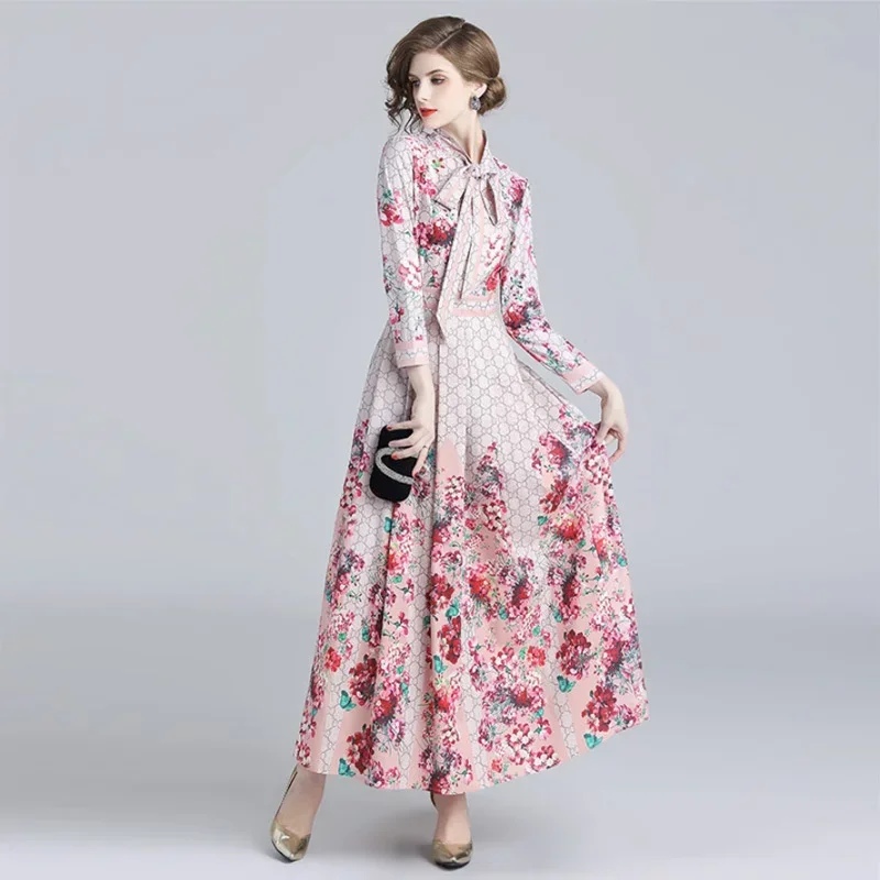 Spring Summer Women\'s Fashion Waistband Slim Long Sleeve Printed Ribbon Neck Temperament Long Dress High Quality Dress