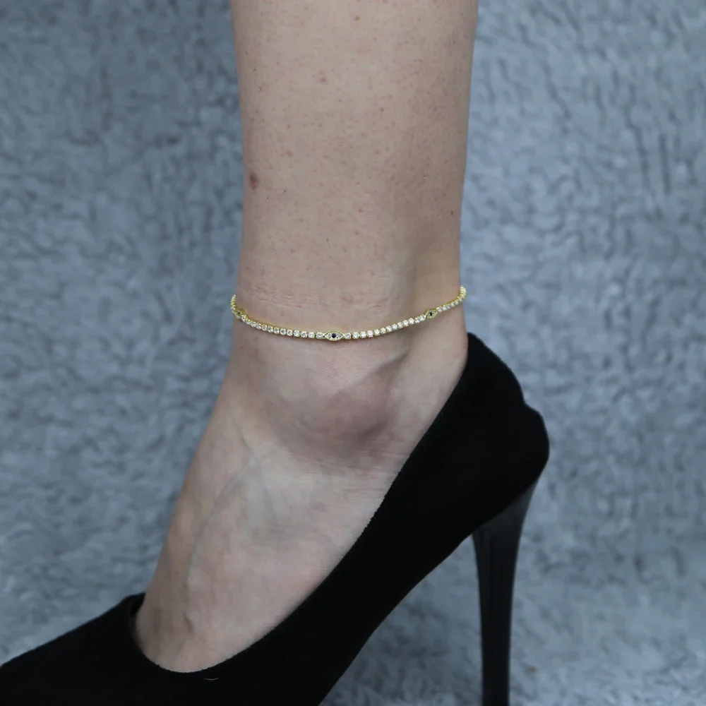 2MM Tennis Chain Anklet White Blue CZ Evil Eye Charm Boho Barefoot on The Leg 2025 Summer Beach Jewelry