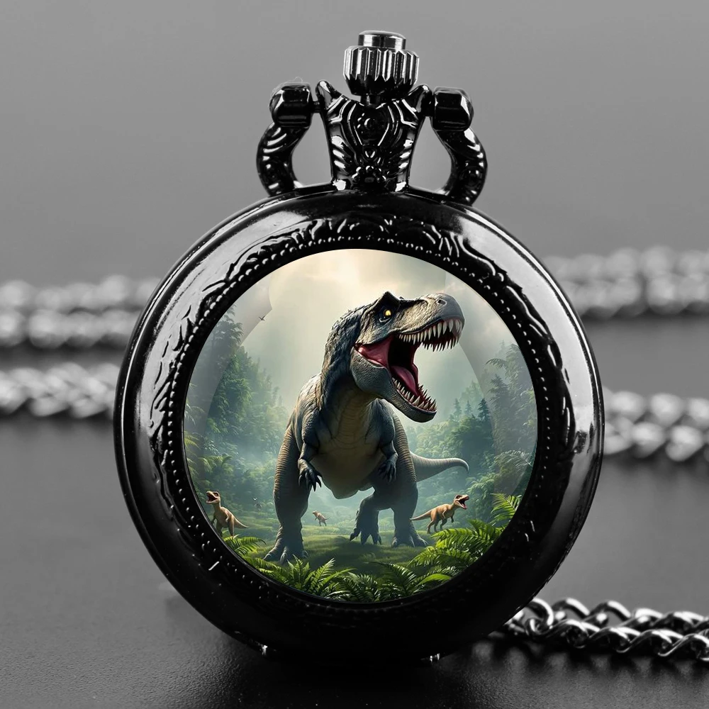 

Dinosaur Glass Dome Quartz Pocket Watch With Durable Chain Arabic Numeral Dial Halloween Gifts for Men Women Kids