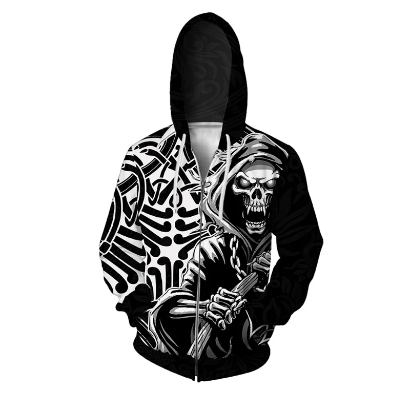 

3D Printed Skeleton Ghost Mask Zipper Hoodie For Men Sculpture Graphic Sweatshirts Casual Loose Pullover Hoodies Long Sleeves