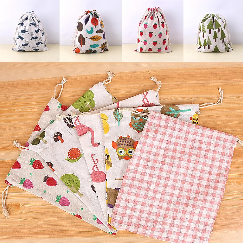 Cotton Linen Fabric Pouch Drawstring Bag Cute Animal Plant Print Kids Travel Cloth Shoes Storage Bag Makeup Case Xmas Gift Bag