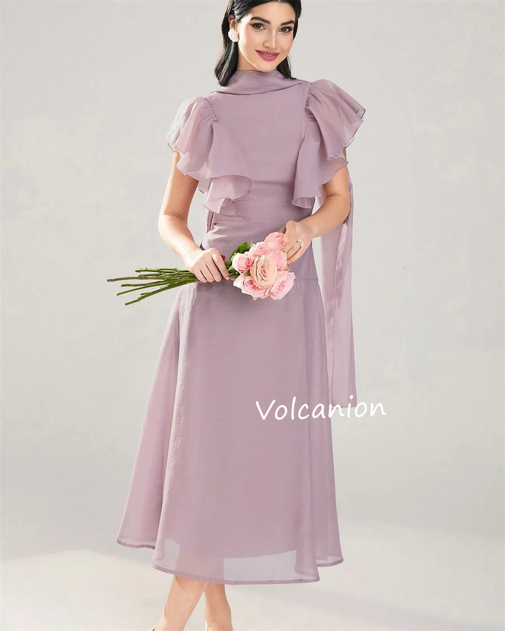 カスタマイズされたシフォンフリル A ラインハイカラーミディド​​レスオーダーメイドオケージョンプロムパーティーシンプルエレガント品質