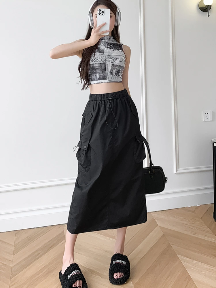 Drawstring Safari Style Skirts Women Summer Slit-design American Retro Multi Pockets Hotsweet A-line All-match Temperament Midi