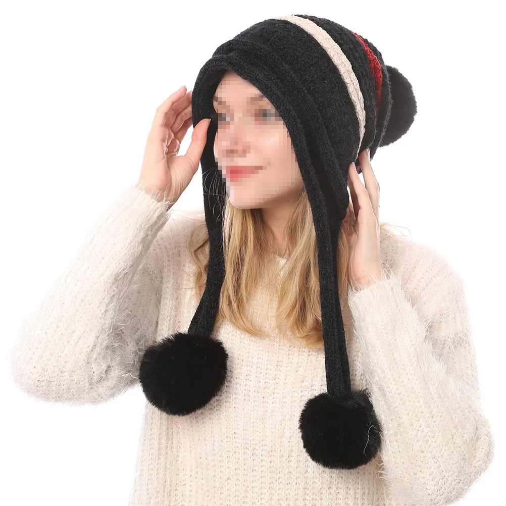 

Женская вязаная зимняя шапка на флисовой подкладке, теплая шапка для ушей, три шарика для волос, легкий декор для катания на лыжах, сноуборде