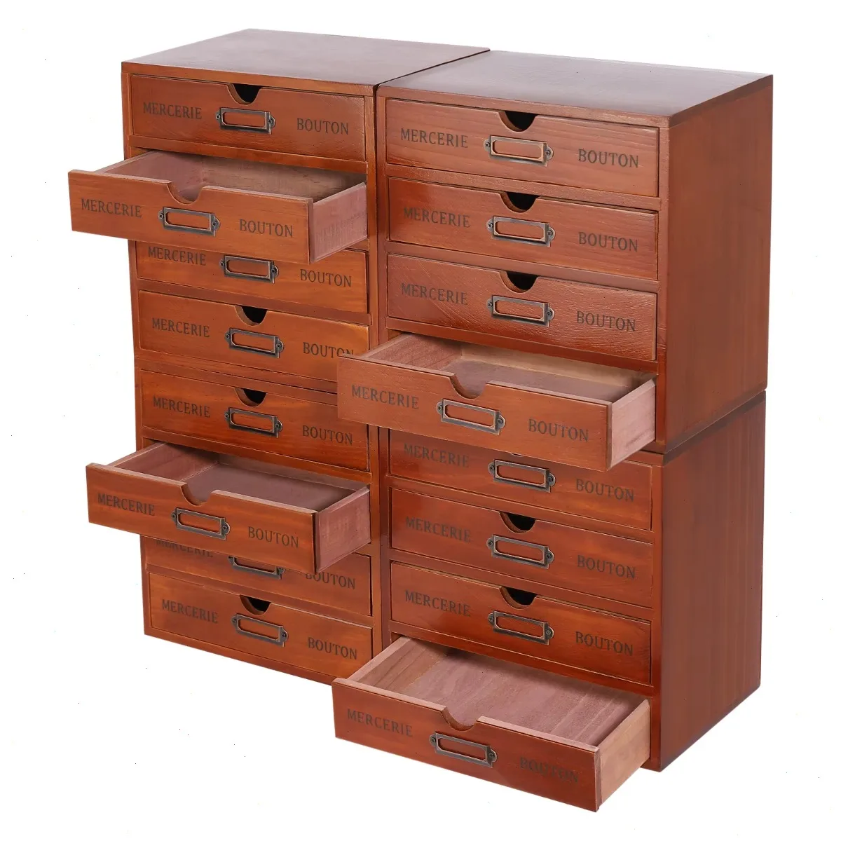 4 Pack Drawer Organizer, 16 Drawer Desk Apothecary Cabinet, Multi-Layer Wooden Storage Box, Stackable, Space Saving File Organizer for Office Home Jewelry Makeup