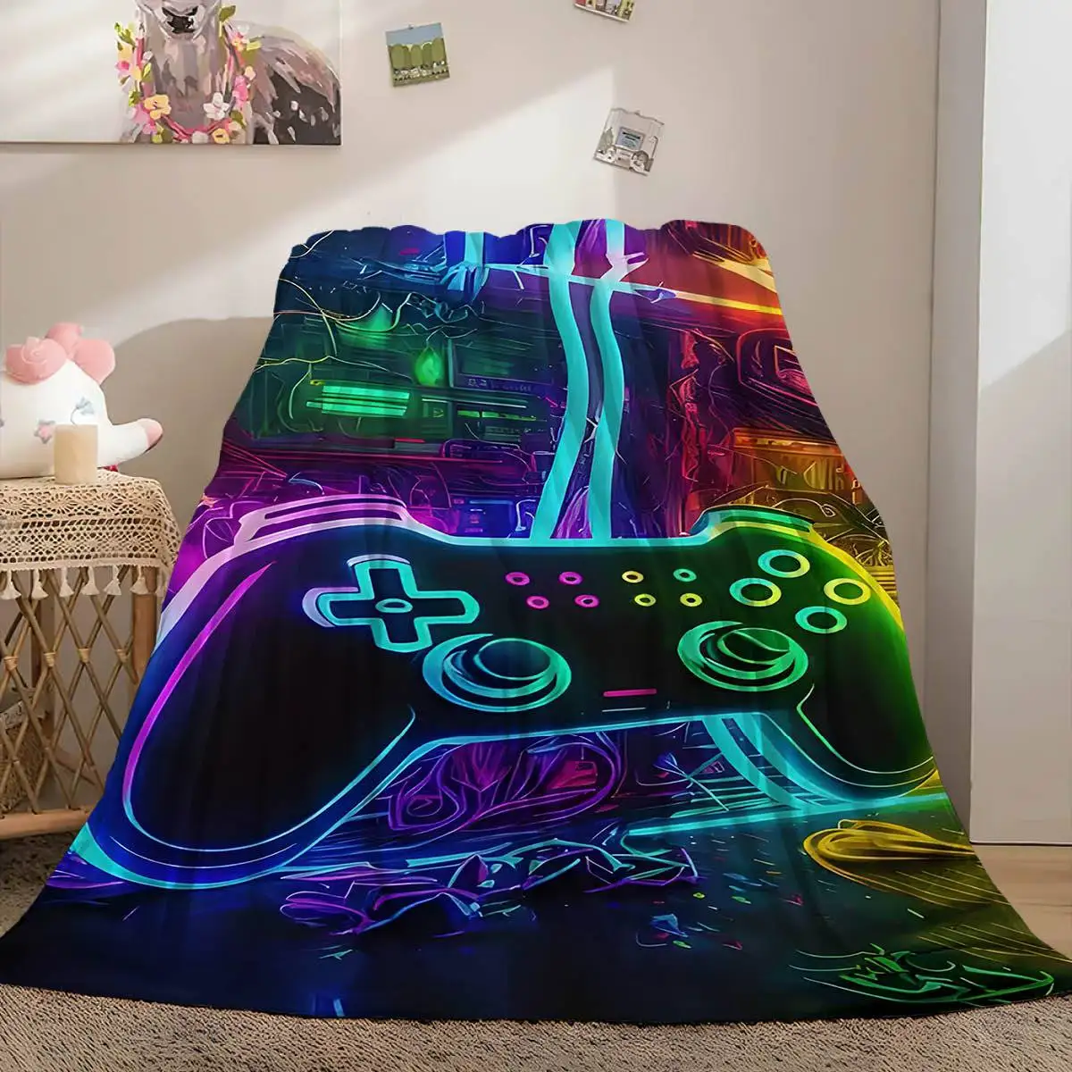 Colorful Gamepad Printed Flannel Blanket Family Blanket Throw Home Sofa Lunch Break Blankets Children Student Blankets Nap Gifts