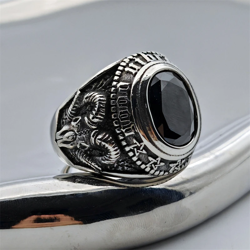 Black Stone God Eye Ring 316L Stainless Steel Jewelry Biker Punk Goat Ring