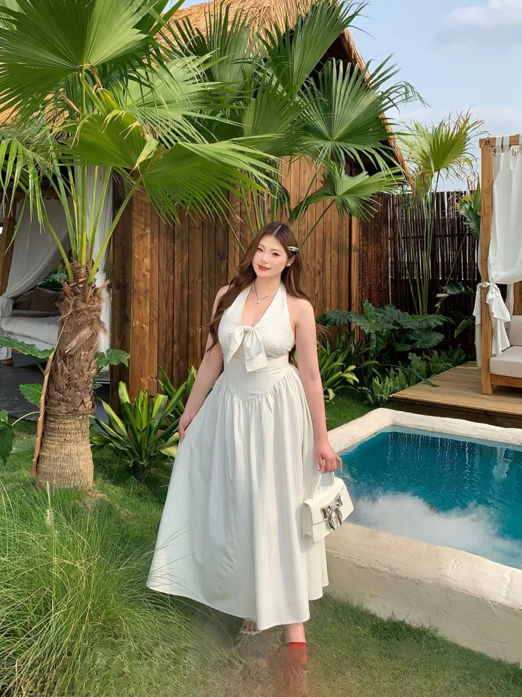 

Летнее платье SOUL с V-образным вырезом, завязками на талии, для женщин больших размеров, белое в полоску, быстросохнущее