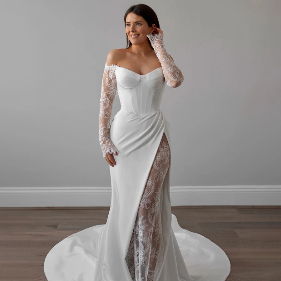 

Customized Sweetheart 3/4 Lace Sleeve Front Split Mermaid Wedding Dress Backless Zipper Buttons Evening Gown Sexy Bridal Dress