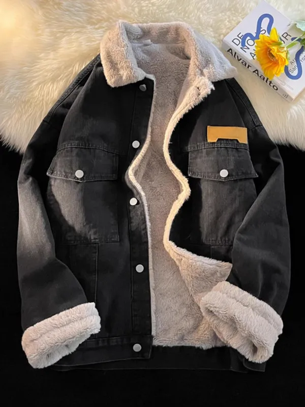 الشتاء Thiened Fce اصطف عادية فضفاضة تناسب فرو الضأن الدافئة القطن الدنيم Jaet للرجال العلامة التجارية العصرية بدوره إلى أسفل طوق معطف