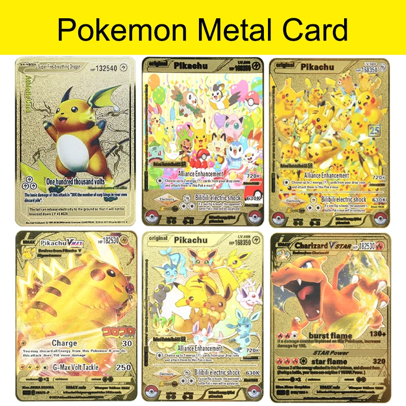 Pokemon Pikachu Metal Cards, High HP Golden Charizard Mewtwo Eevee VMAX versión en inglés juegos entrenador tarjetas de colección juguetes regalos