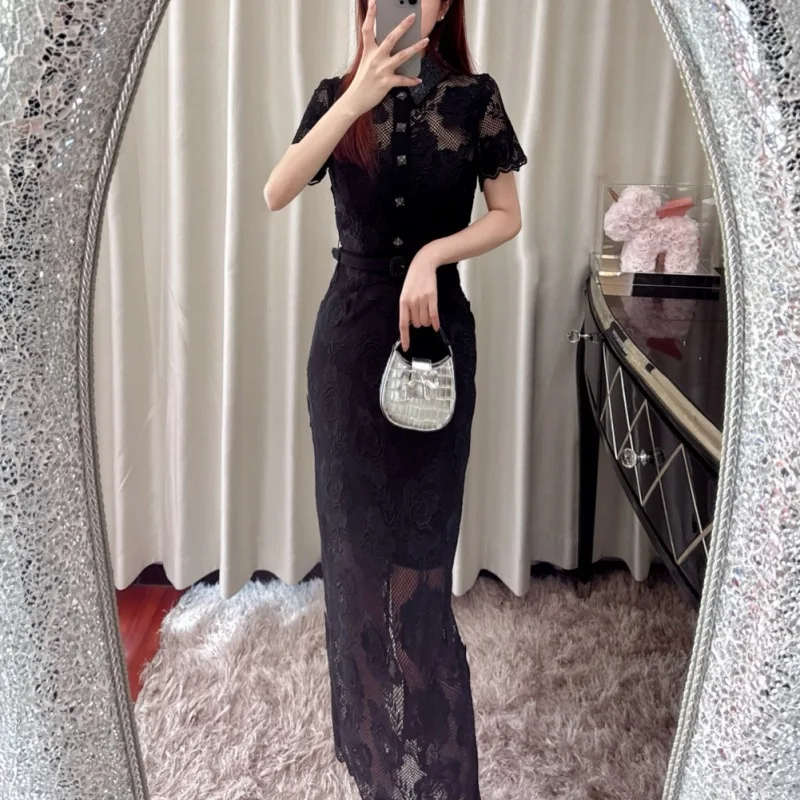 Brand Runway Summer 3D Flower Embroidery Crochet Lace Prom Evening Dress Shirt Women Short Sleeve Pencil Party Vestido Long Robe