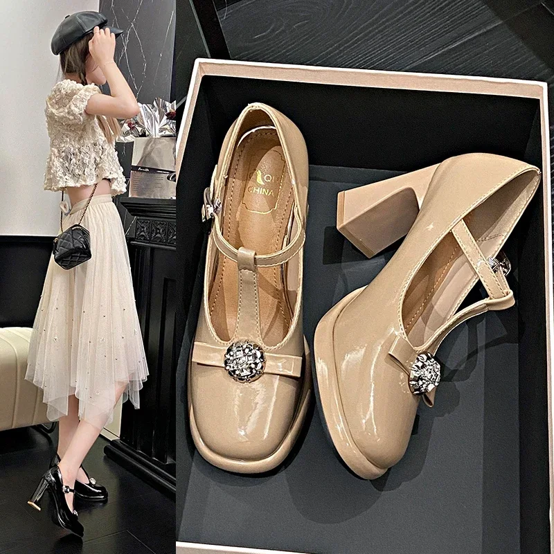 

Patent Leather Jk Uniform Dress Shoes for Women Vintage Square Heels Mary Jane Shoes Woman Japanese Style Bow Buckle Strap Pumps