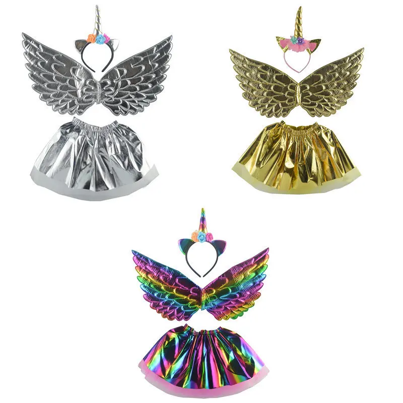 Kinderen Eenhoorn Schattige Haarband Vleugels Rokken Cosplay Kostuum Set Kids Wings Hoofdband Tutu Rok Party Gunst Performance Outfit