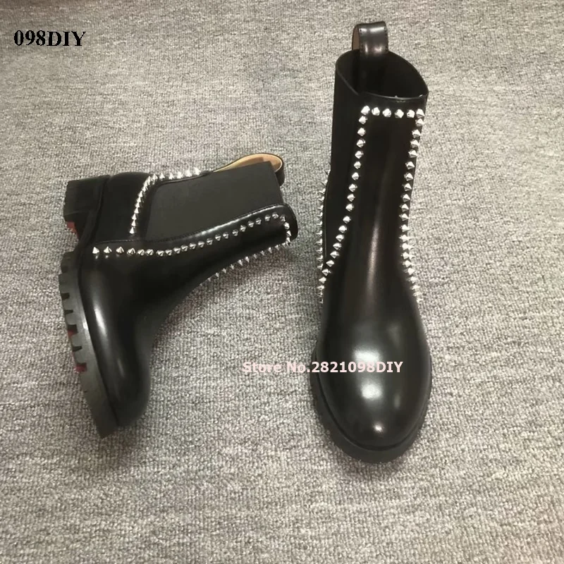 Black Leather Back Strap Stud Ankle Booties Women Round Toe Silvery Rivets Slip On Comfortable Knight Boots