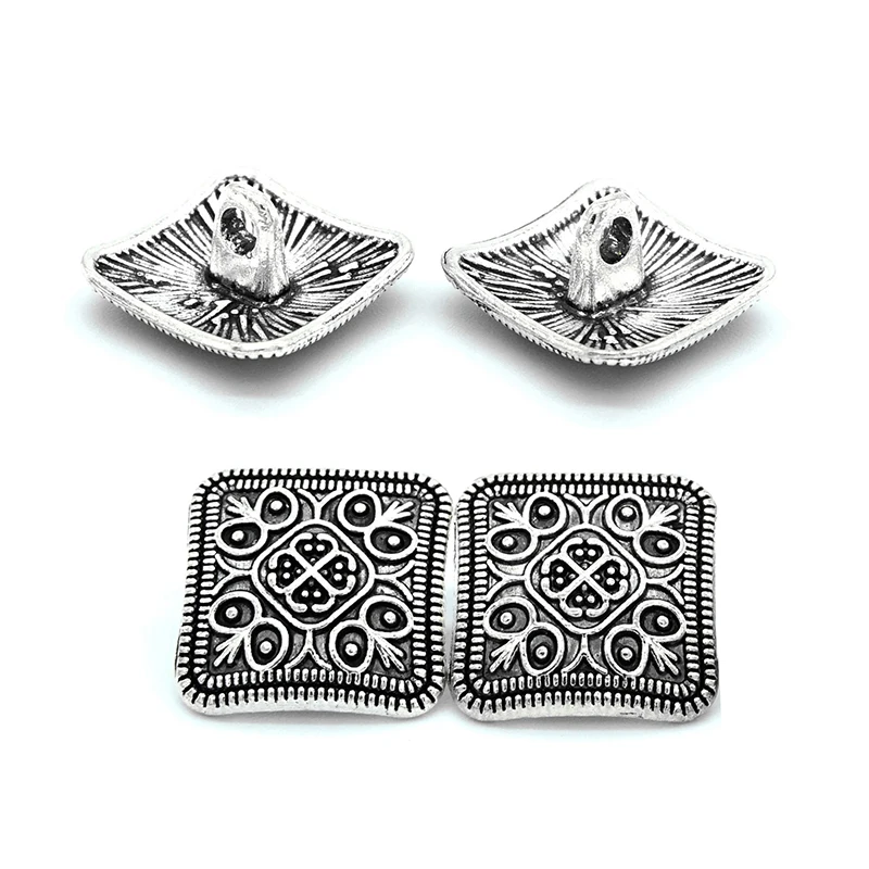 10Pcs/lot Silver Flower Metal Shank Button Geometric Square Antique For Clothes Jeans Sewing DIY Decorative Crafts