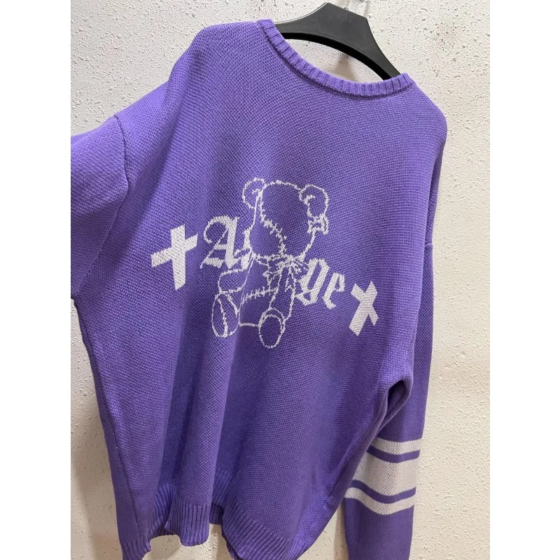 Mine Series Mass Production Series Bear Purple Knitted Jumper Women 2024 Fall New Punk Subculture Loose Midi Knitted Sweaters