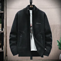 Men Knit Cardigan SweaterCoat 2024 Autumn Winter Thick Warm Plush Solid Casual Stand-up Collar Jacket Korean Fashion Clothing
