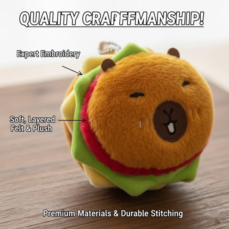 Capybara Burger Plush Keychain Cute Stuffed Animal Pendant Kawaii Hamburger Plush Doll Bag Charm Car Key Ring Gift Toy Mini Soft