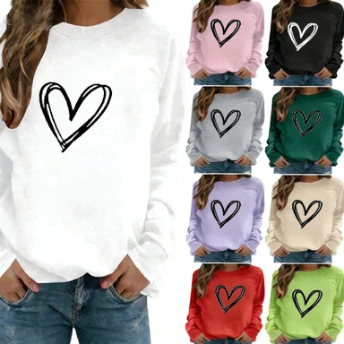 Dames herfst en winter Europese en Amerikaanse Valentijnsdag bedrukt sweatshirt Casual los Veelzijdig sweatshirt met lange mouwen en ronde hals voor dames