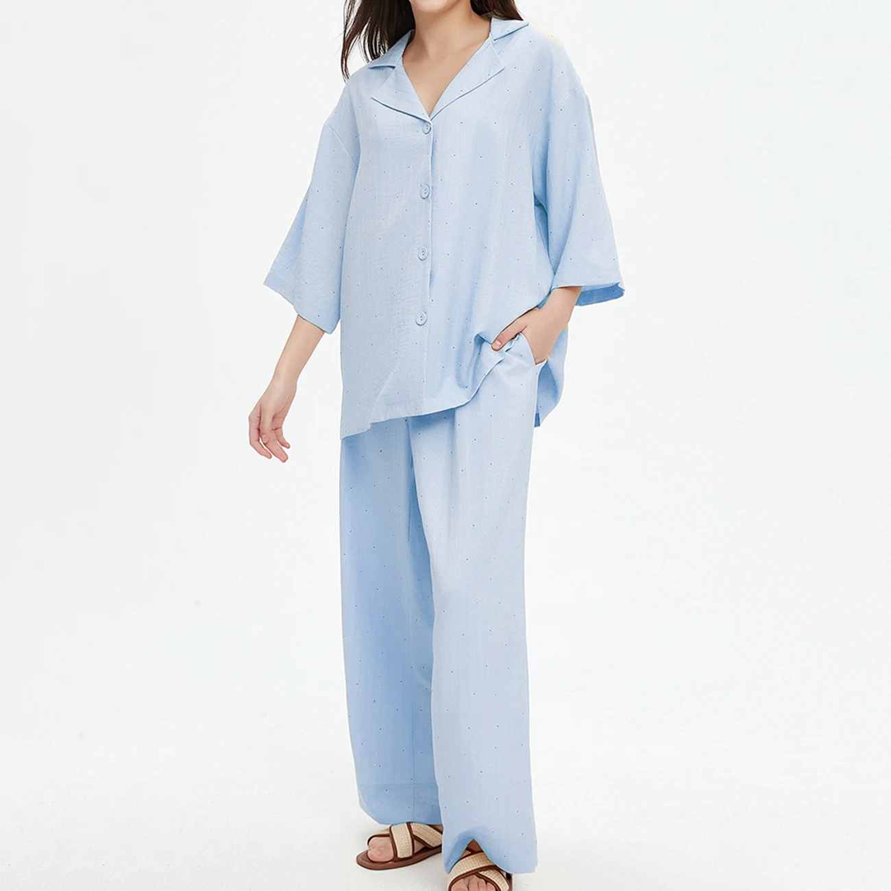 WXOY Women's Linen Striped Pajama 2 Pieces Set PJs Short Sleeve Small Glitter Notch Collar Wide Loose Pants