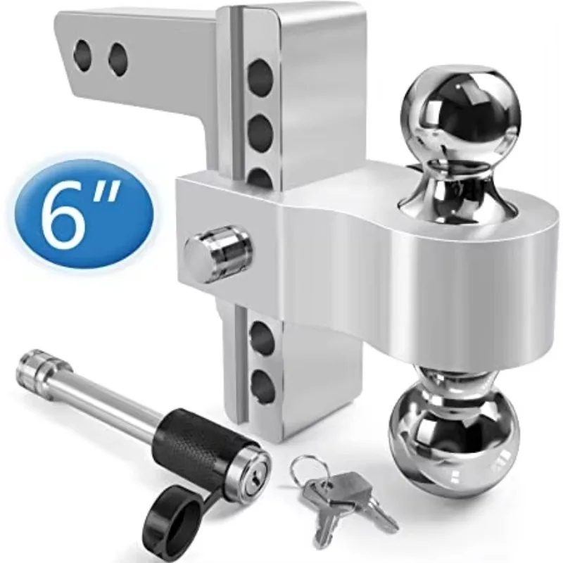 6 Inch Drop Hitch Ball Mount Fits 2-inch Receiver, Aluminum Tow Hitch with Double Anti-Theft Pins Locks