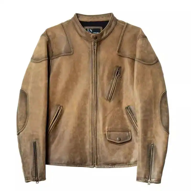 Khaki Autumn Leather Jacket Men Retro Style Plus Size 5XL Genuine Natural Cowhide Stand Collar Slim Fit Sports Motorcycle Coat