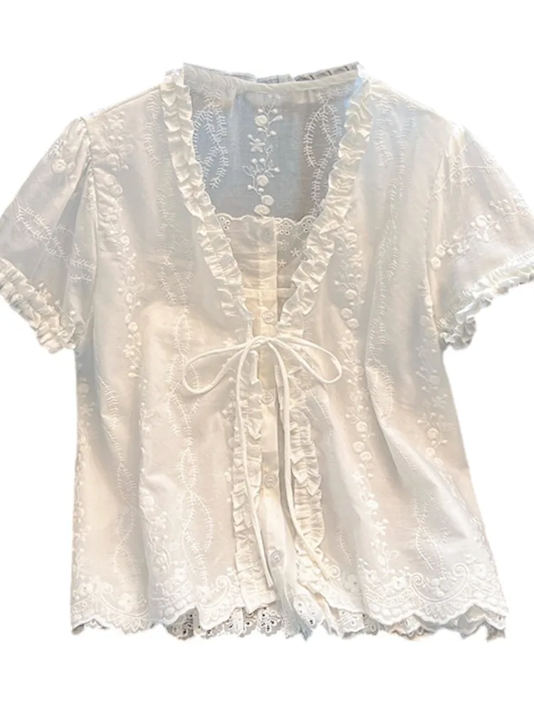 Summer ort Sve Embroidered Ruffle Hem irt Women's Korean Sle Loose Fit Lace Collar Single Piece  Knot Design