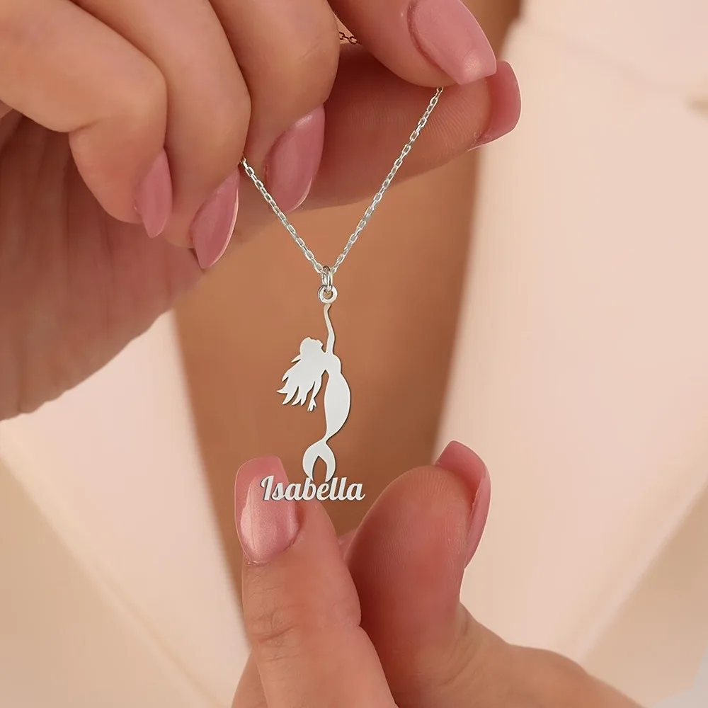 Personalized Mermaid Necklace with Name/Date/Message - Mermaid Tail Pendant, Stainless Steel Marine Jewelry , Custom Name Tag