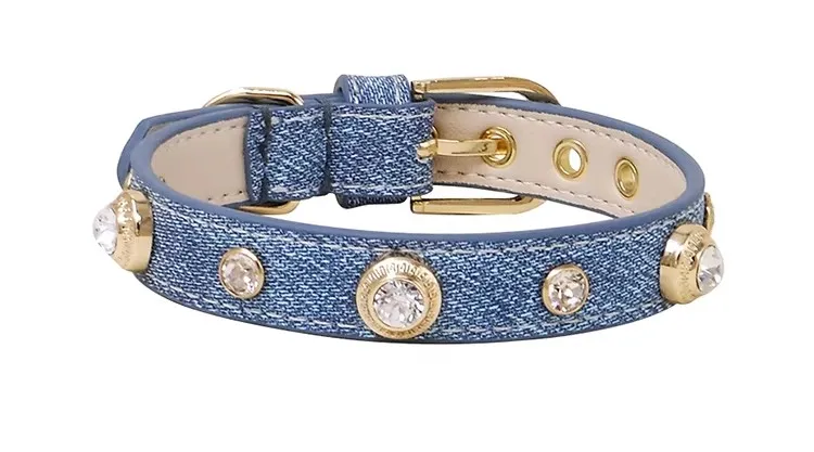 

Denim Small Dog Pet Collar Cat Necklace Accessories Bling Czech Rhinestone Designer Genuiner Leather Dog Crystal Collar