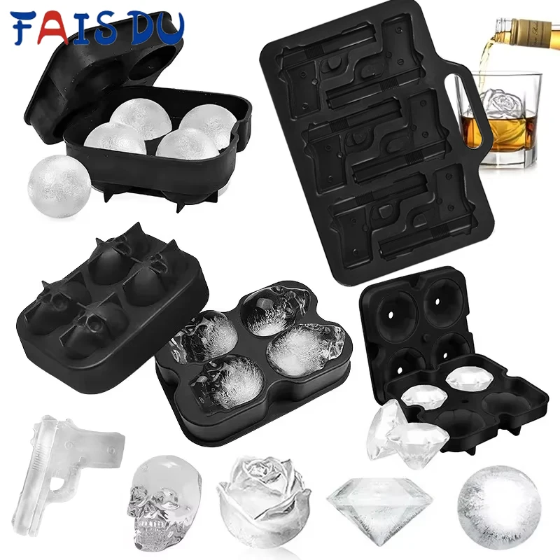 FAIS DU Silicone 3D Ball Skull Diamond-Shaped Ice Mold Reusable Ice Cube Mold Ice Cube Trays Easy Release For Whiskey Paty