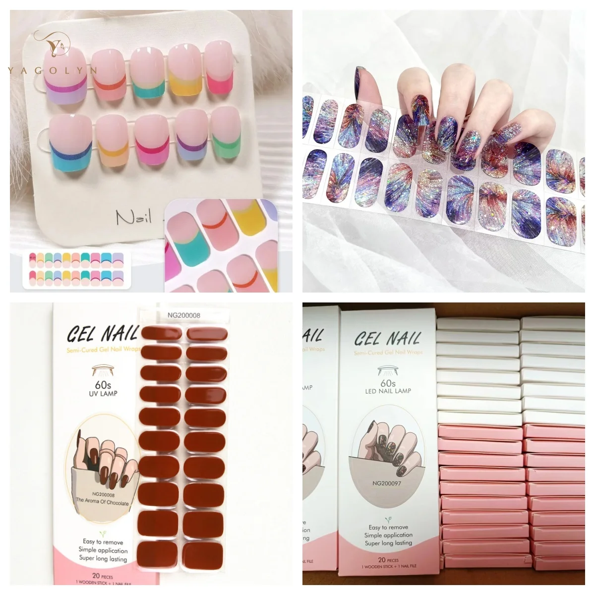 

16/20Tips Semi-Cured Nail Wraps Flash Solid Adhesive Waterproof Long Lasting Gel Nail Stickers for UV Lamp Need Manicure