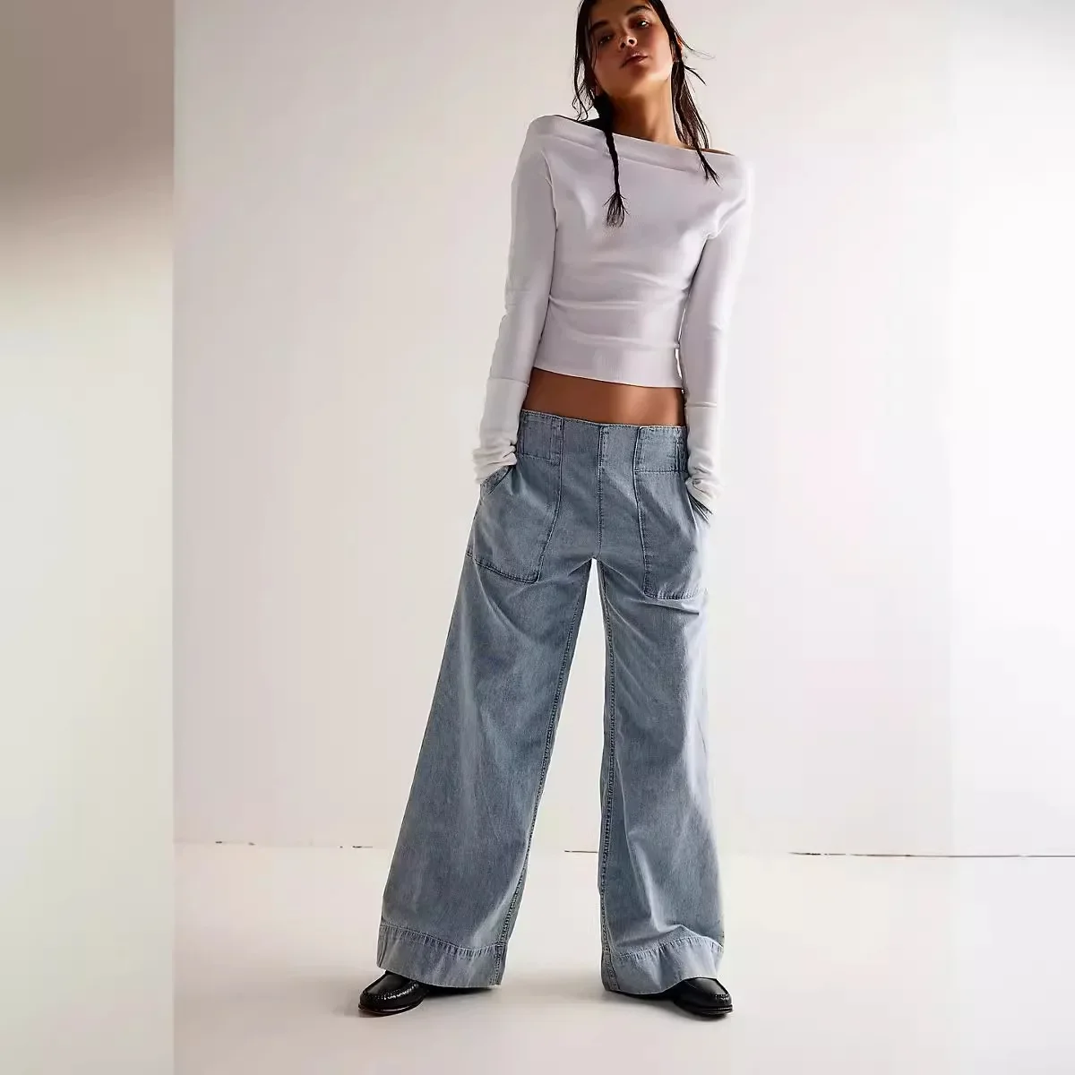 

Jeans Women Washed Straight Wide Leg Pants Low Waist Pockets Basics Full Length Solid Color 2025 Casual Denims Vintage Trousers