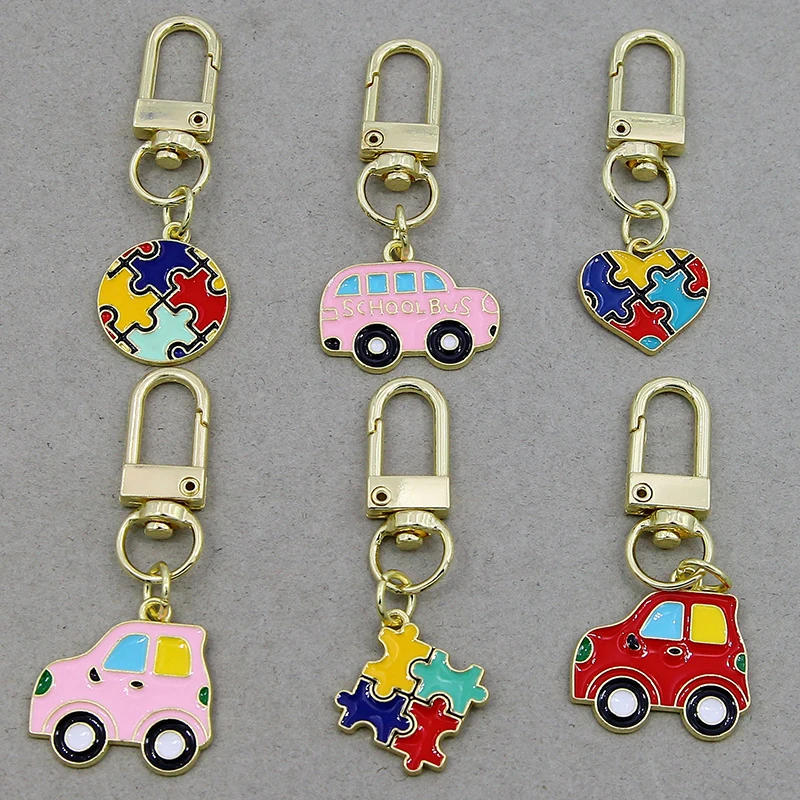 Hot Sale 4 Color Autism Awareness Jigsaw Puzzle Piece cartoon car Charms Keychain With Lobster Clasp Keyring For Man Woman Gifts