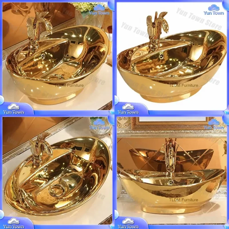 Ceramic Bathroom Sink for Modern Home Decor Art European Style Wash Basin for Hand Washing Gold Tone Toilet Basin for
