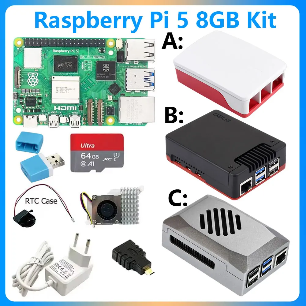 Raspberry Pi 5 Model Pi5 2GB/4GB/8GB RAM Option KIt 27W Power+Case+64GB Card+ Card reader+RTC Card