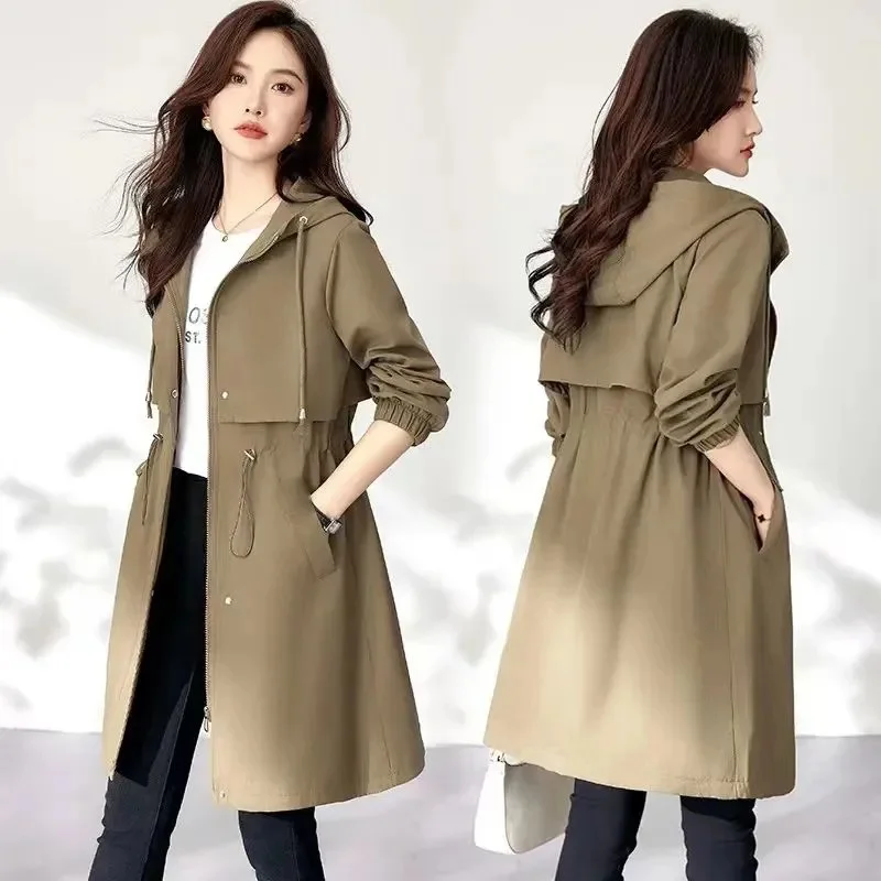 

Spring Autumn Women's Zipper Windbreaker 2024 New Fashion Slim Hooded Coat Female Solid color Casual Mid length Trench Overcoat