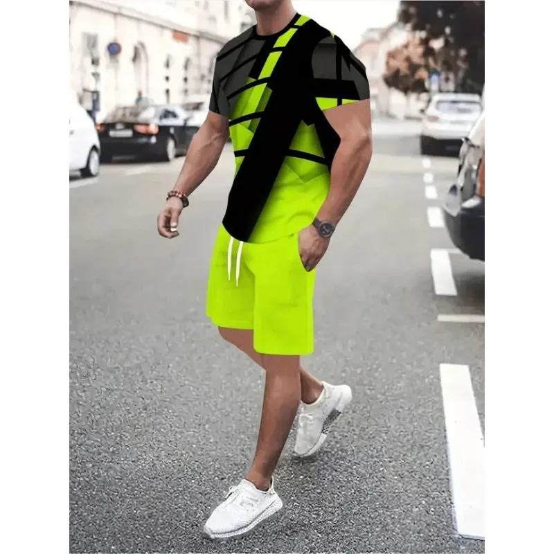 2025 Men's Summer Casual Short Sleeved Shorts 2-piece Set with Unique 3D Geometric Printing Outdoor Sports Polyester Fiber
