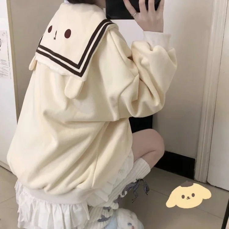 

Harajuku Kawaii Zip Up Hoodie Women Sailor Collar Japanese Style Cute Sweatshirts Oversize Lolita Girly Anime Print