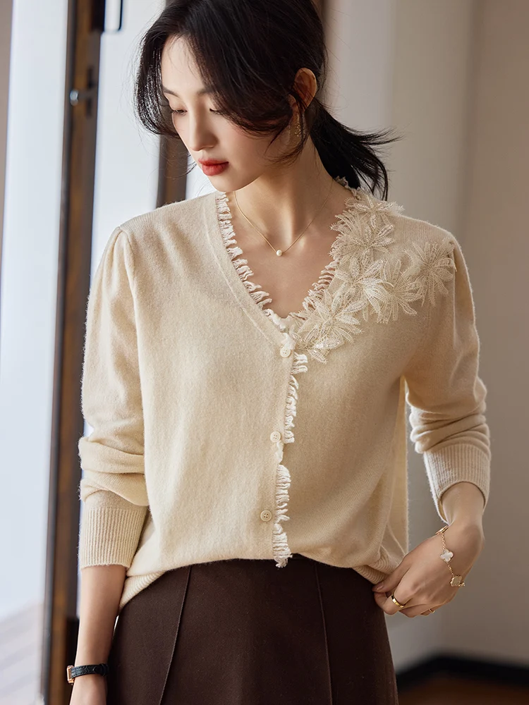 

Women Clothing 100% Merino Wool Sweater V-Neck Long Sleeve Spring Autumn Winter Cardigan Flower Decoration Sweater Knits Tops